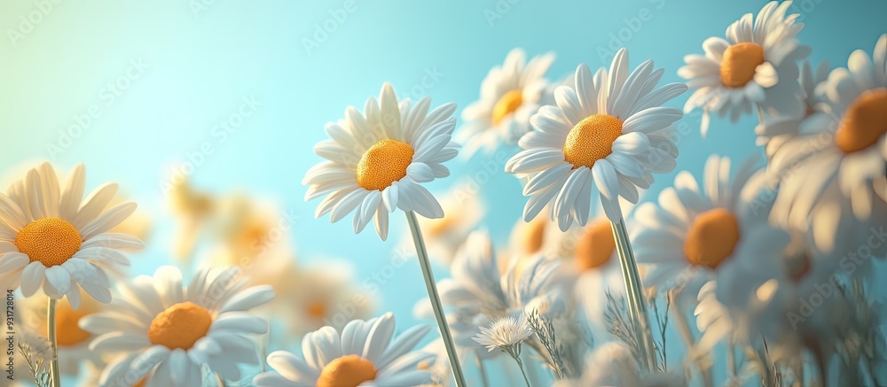 Leinwandbilder the sun consists of daisies with camomiles set against a blue background. with copy space image. pla