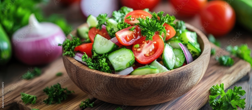 Poster garlic fresh green parsley cucumbers tomatoes and onions arranged for a salad on a wooden table. wit