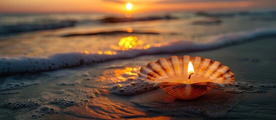 Shell with candlelight and blank tag for wellness and relaxation ideas or massage promotion. with copy space image. Place for adding text or design