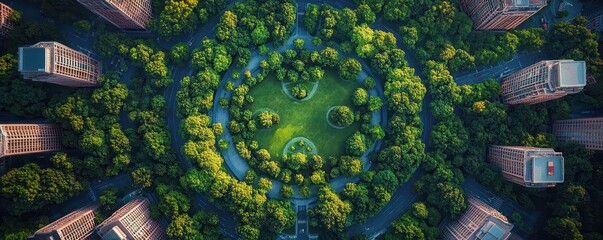 Aerial view of a lush green park surrounded by urban buildings, showcasing nature's beauty in a city environment.