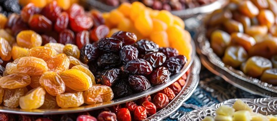 Dried fruit dates on a silver tray Copyspace