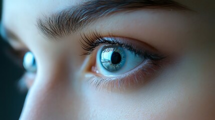 Close-up of a woman's blue eye looking to the side.