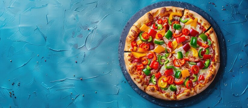 Rainbow veggie bell pepper pizza crust on a blue stone background with available text space Vegetarian vegan or healthy food idea Top view flat lay. with copy space image