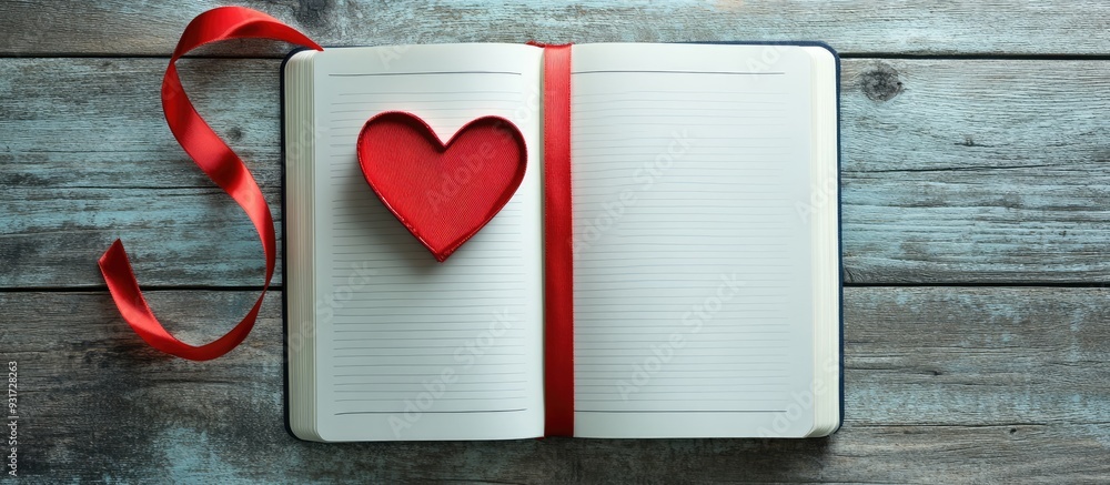 Poster red ribbon shaped like a heart on a notebook flat lay representing the celebration of all lovers on 