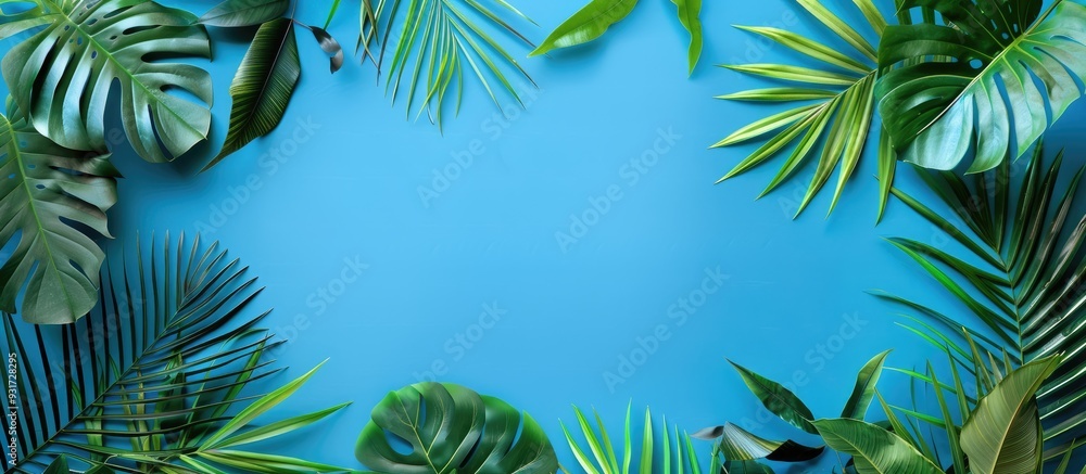 Aufkleber Border frame featuring fresh palm leaves on a blue background Simple product presentation or template idea with copy space Summer tropical design Flat lay top view
