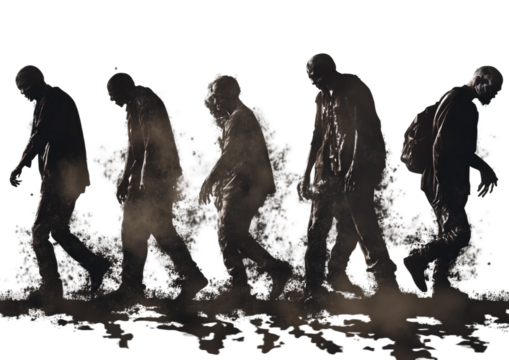 zombie group of different sizes and styles walking in the same direction isolated on transparent background - Powered by Adobe