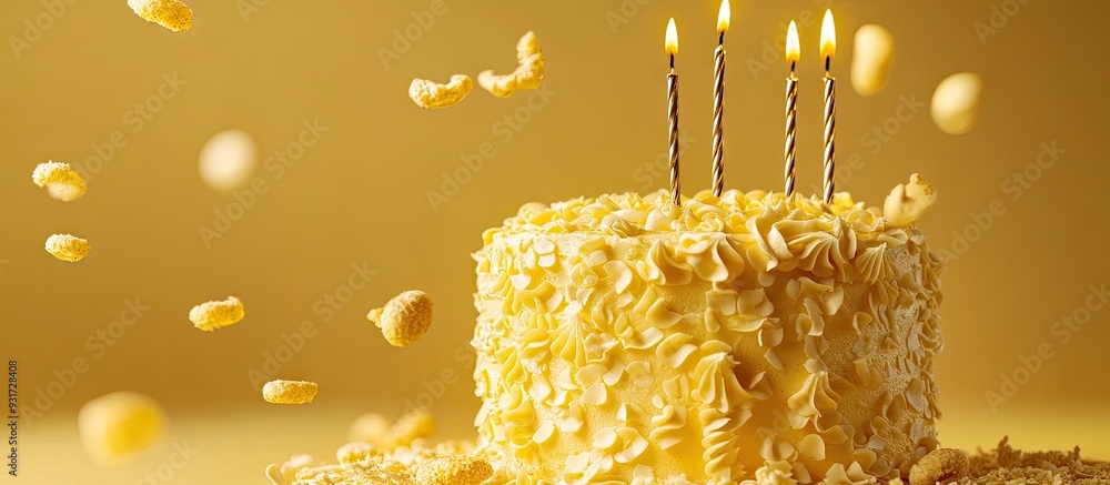 Aufkleber A golden birthday cake is adorned with macaroni. with copy space image. Place for adding text or design
