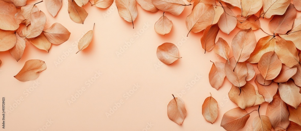 Aufkleber autumn leaves in a dried state on a pastel background flat lay top view copy space