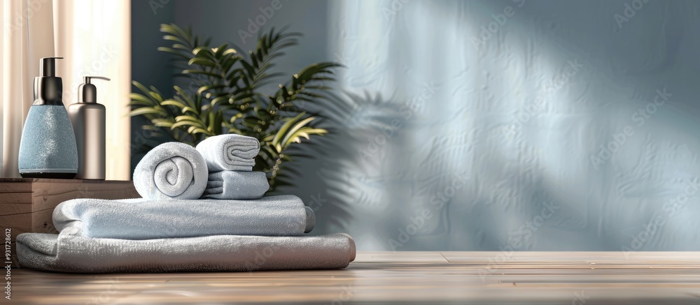 Aufkleber Neatly arranged clean towels on an indoor table Area for text. with copy space image. Place for adding text or design