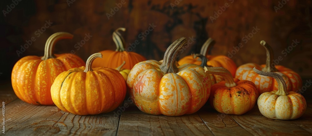Fototapete a variety of small pumpkins on a dark background next to a lit lantern. with copy space image. place