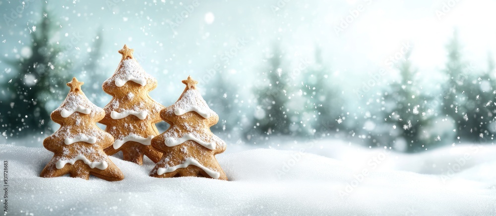 Poster christmas greeting card featuring homemade gingerbread trees in the snow with copy space for your me