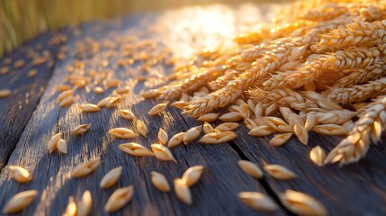 Closeup Golden Ripe Wheat Ears in Sunny Autumn Field Landscape