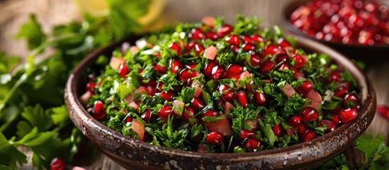 Fresh green salad with pomegranate vegetarian option Studio Photo. with copy space image. Place for adding text or design