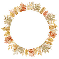 Autumn Leaves Wreath. Watercolor illustration of template with fall orange plants for harvest festival greeting cards or wedding invitations. Drawing of circular frame for postcards.