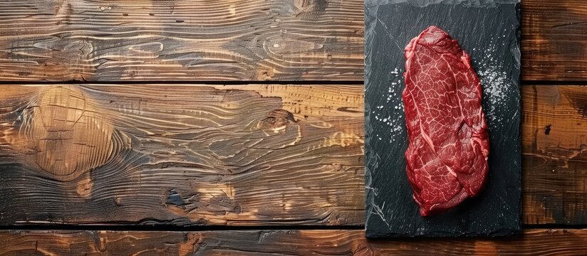 Raw beef steak on a black slate tray set against a rustic wooden background top view copy space - Powered by Adobe