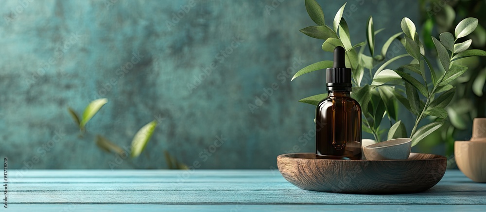 Poster spa arrangement featuring tea tree oil on a blue wooden surface. with copy space image. place for ad