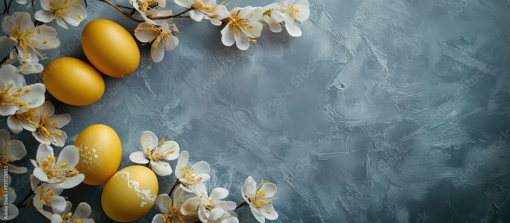 Aufkleber Easter background featuring Easter eggs and spring flowers Yellow eggs on a gray backdrop Space for text Top view. with copy space image. Place for adding text or design