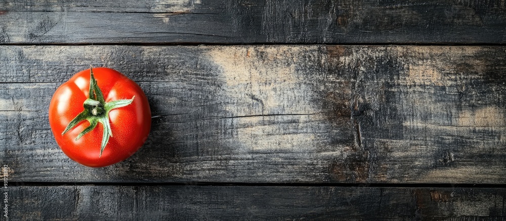 Poster a single tomato on a rustic black wooden table. with copy space image. place for adding text or desi