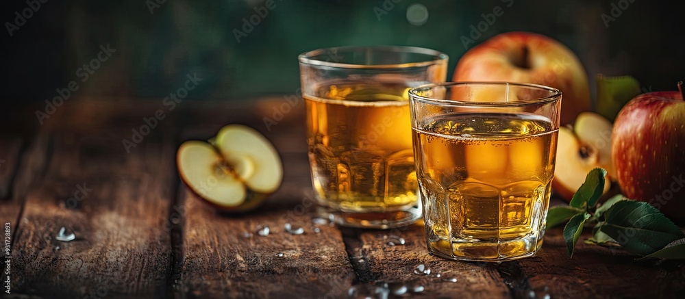 Poster closeup of glasses filled with delicious apple juice on the table. with copy space image. place for 