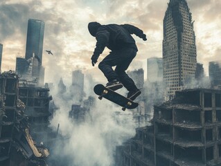 Active boy flies on skateboard, defying gravity against blue sky