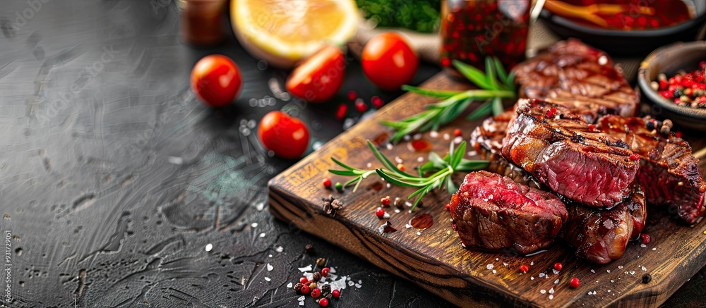Leinwandbilder Raw beef on the bone steak seasoned with spices barbecue marinade red sauce Traditional cuisine uncooked meat on a board. with copy space image. Place for adding text or design