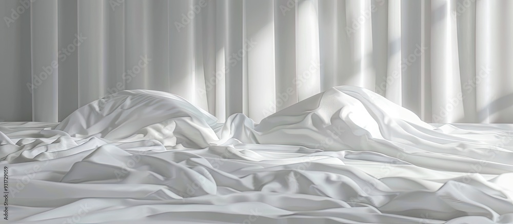 Aufkleber Untidy white bedspread in the morning. with copy space image. Place for adding text or design