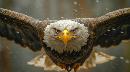Close-up of a majestic bald eagle with an intense stare, feathers detailed and realistic