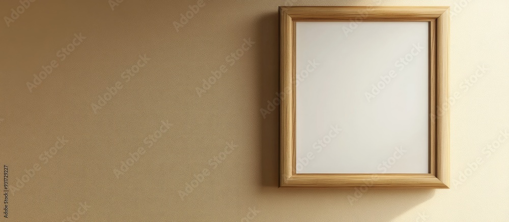 Aufkleber an empty wooden picture frame hanging on a wall for decorative purposes. with copy space image. plac