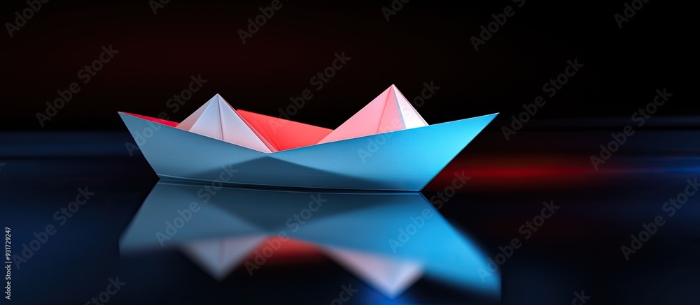 Aufkleber Folded white paper boat set against a black background Lit in blue and red featuring a reflection Close up with selective focus. with copy space image. Place for adding text or design