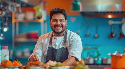 happy indian chef cooking food at kitchen
