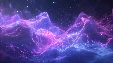 Digital background with glowing data particles in blue and purple tones, featuring flowing light trails on a dark grey backdrop for tech-themed visuals. AI generated illustration