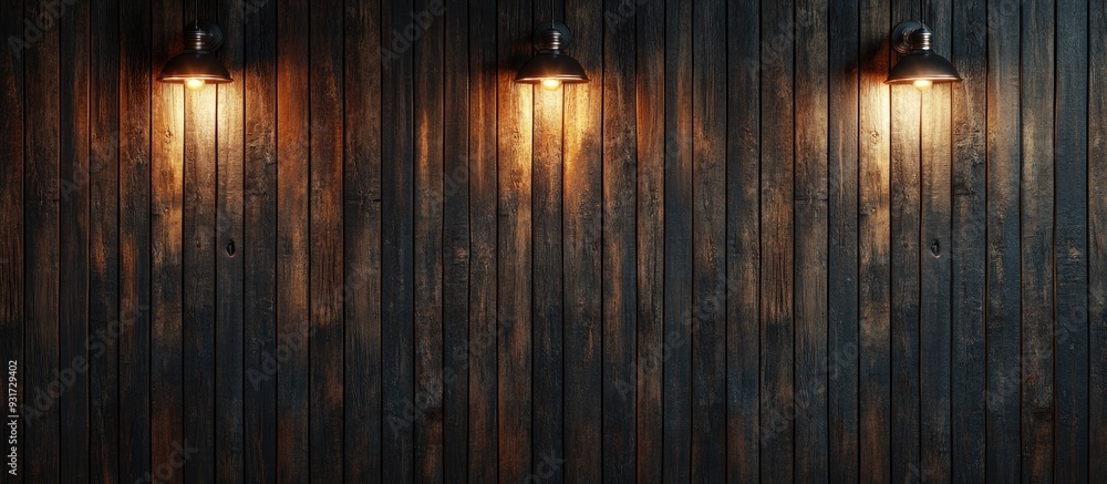 Aufkleber a vacant wooden dark wall illuminated by warm lights from a lamp the wall features a wooden pattern 