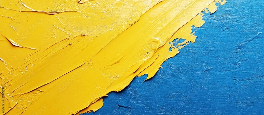 Poster yellow paint texture on a blue canvas minimalist background with copyspace creative idea