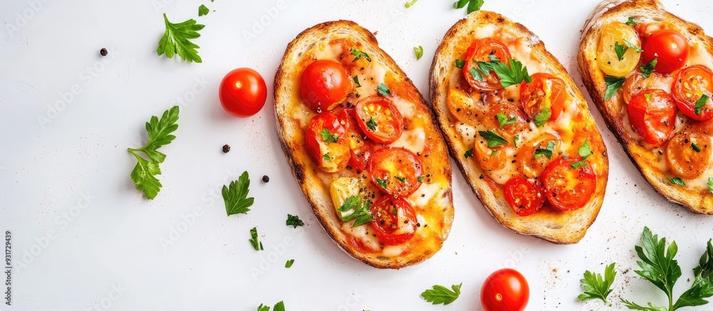 Poster Delicious pizza toasts with fresh tomatoes and parsley on a white tiled table overhead view Room for text. with copy space image. Place for adding text or design