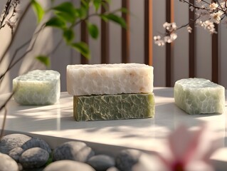 Handmade Natural Organic Soap Bars with Floral and Mineral Elements on Rustic Wooden Background