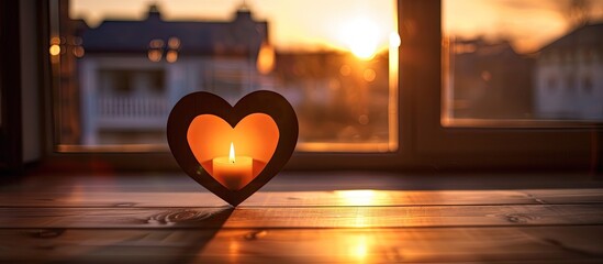 Close up view of a house shaped silhouette with a heart shaped cutout in the center sitting on a table with a window in the background. with copy space image. Place for adding text or design