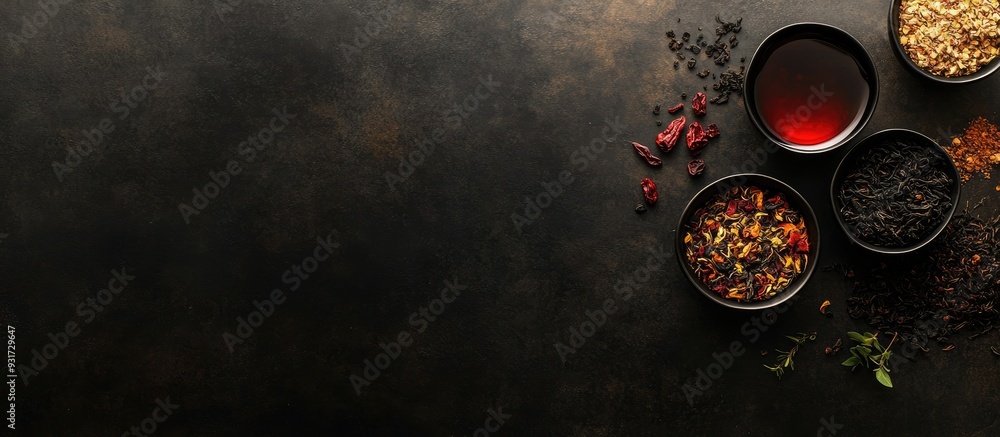 Aufkleber Flat lay arrangement featuring various dry teas and a hot drink on a black table Area for text. with copy space image. Place for adding text or design