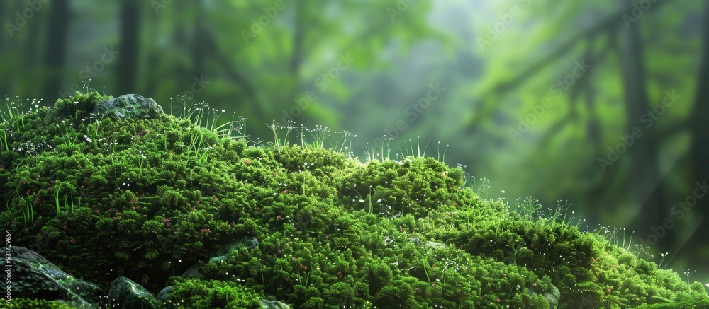 Aufkleber Green moss and backdrop Setting for showcasing products Dark forest backdrop. with copy space image. Place for adding text or design