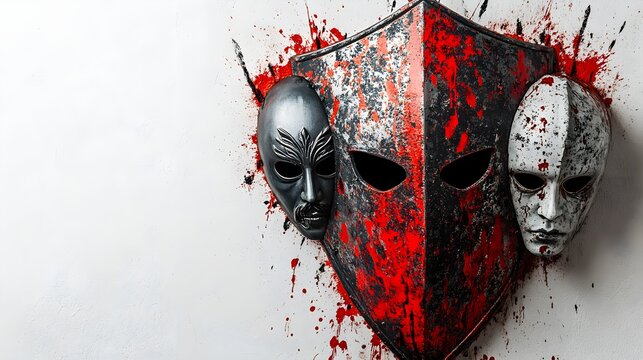 Broken knight's shield with sharp fragments, surrounded by creepy Halloween party masks, horror theme, blood splatter effect, isolated on white background