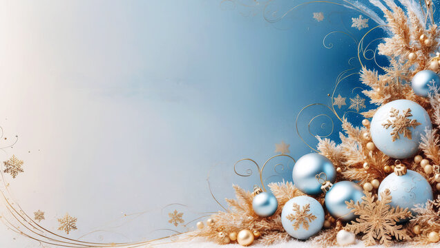 illustration of graphic Christmas background made of straw and Christmas balls over bright ble backgrounw with big copy space 