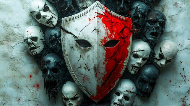Broken knight's shield with sharp fragments, surrounded by creepy Halloween party masks, horror theme, blood splatter effect, isolated on white background