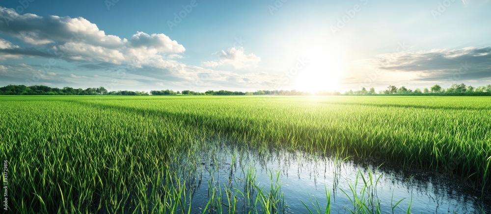 Fototapete green soybean fields in early summer and rice paddies that have been planted already. with copy spac