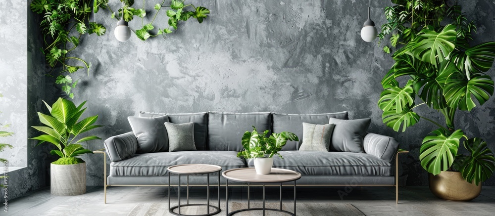 Poster Grey living room featuring a sofa table lamp and green plants. with copy space image. Place for adding text or design