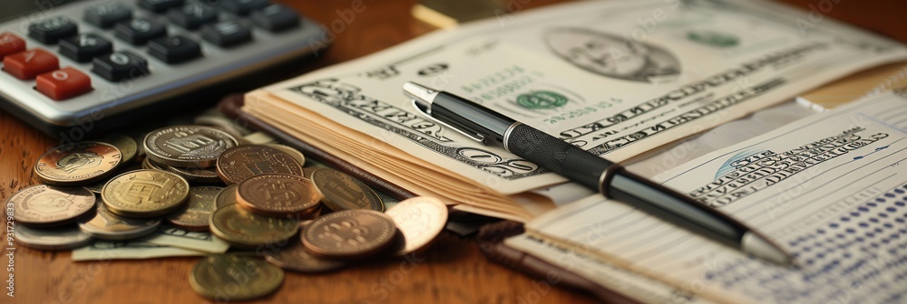 Fototapete a stack of cash and coins sits next to a notebook filled with financial notes and calculations, acco