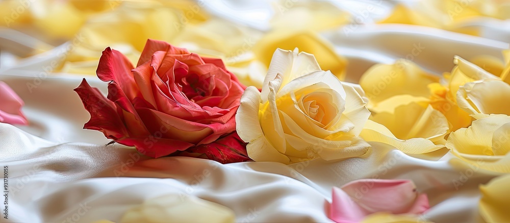 Poster yellow roses on red satin against a white background with copy space