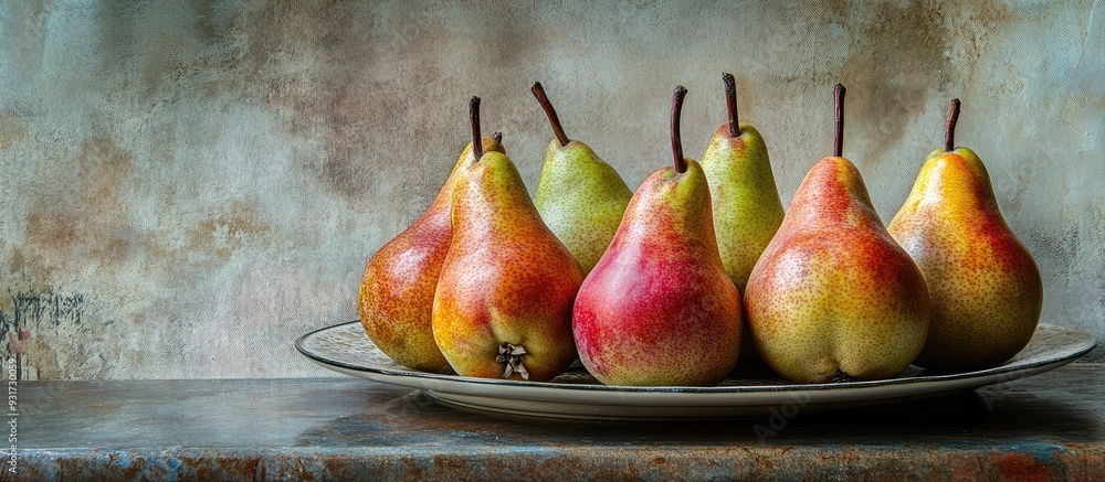 Aufkleber attractive pears arranged on a plate on a table with desaturated colors. with copy space image. plac