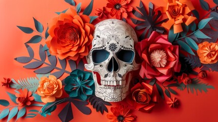 Dia de los Muertos Skull with Vibrant Paper Flowers for Marketing Campaigns