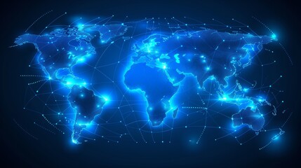 Global Network Connections. Abstract World Map with Glowing Lines, Dots. Technology, Data Exchange