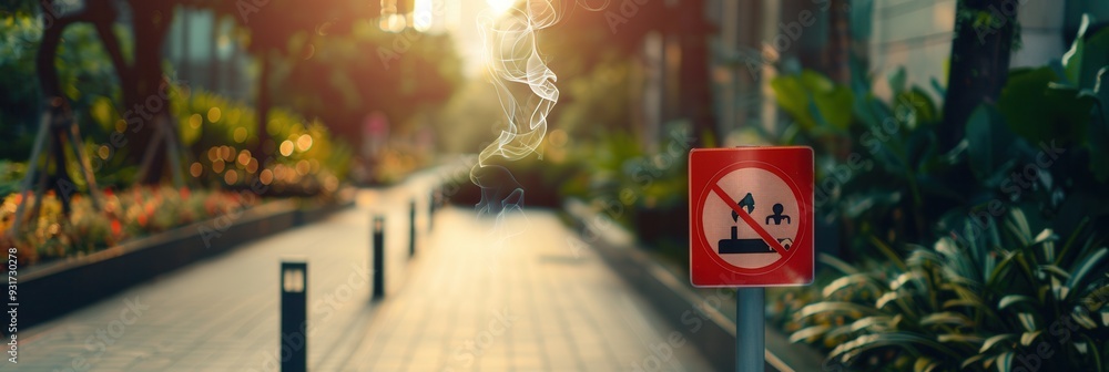 Poster A vibrant park setting in the golden hour, highlighting a no smoking sign. Sunlight filters through trees, creating a peaceful atmosphere for all visitors. Generative AI