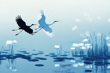 Japanese Crane birds flying in the style of large-scale minimalistic silhouette with white Nymphaea on a blue sky background. AI generated illustration.